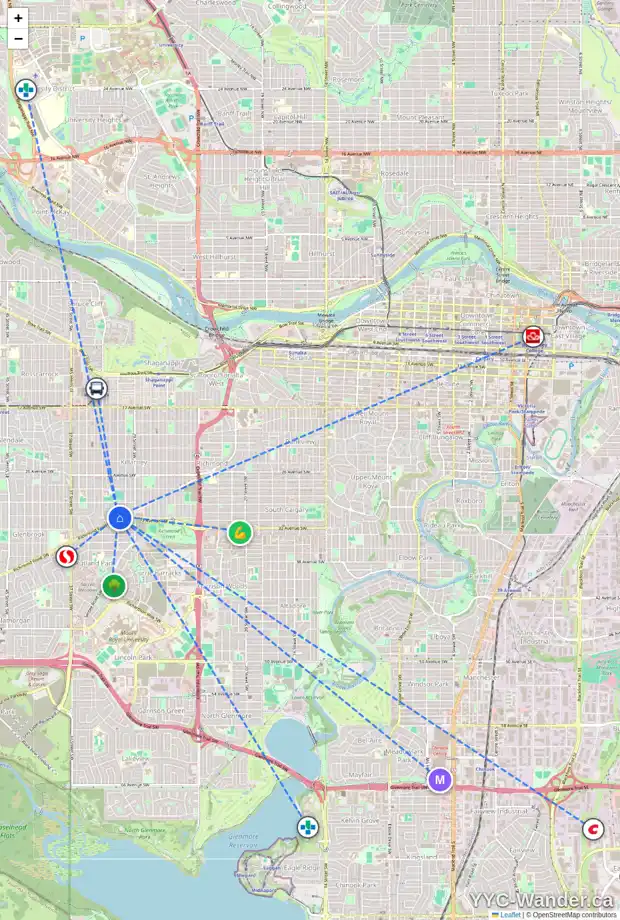 Daily accessibility map for 222 KILLARNEY GLEN CO SW, Calgary showing nearby schools, grocery stores, parks, LRT stations and nearby amenities