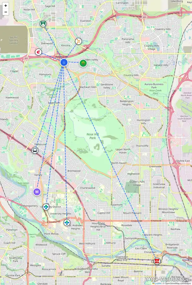 Daily accessibility map for 37 200 HIDDEN HILLS TC NW, Calgary showing nearby schools, grocery stores, parks, LRT stations and nearby amenities