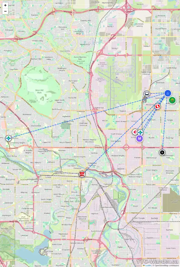 Daily accessibility map for 119 CASTLERIDGE CR NE, Calgary showing nearby schools, grocery stores, parks, LRT stations and nearby amenities