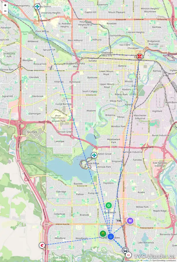 Daily accessibility map for 940 CANNOCK RD SW, Calgary showing nearby schools, grocery stores, parks, LRT stations and nearby amenities