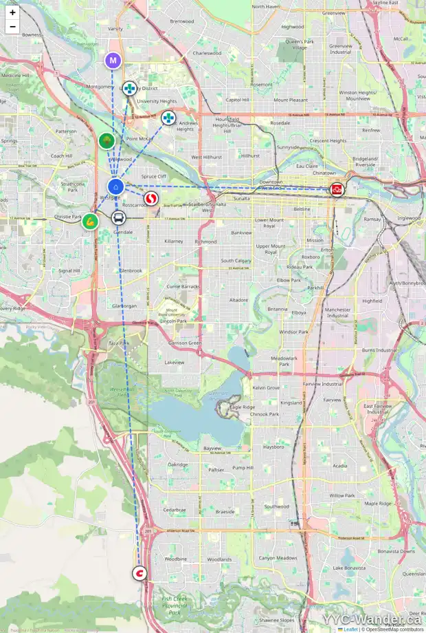 Daily accessibility map for 46 WESTOVER DR SW, Calgary showing nearby schools, grocery stores, parks, LRT stations and nearby amenities
