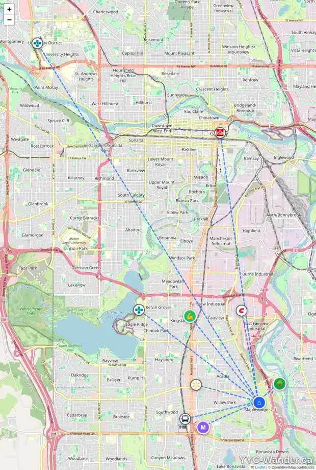 Daily accessibility map for 10443 MAPLERIDGE CR SE, Calgary showing nearby schools, grocery stores, parks, LRT stations and nearby amenities