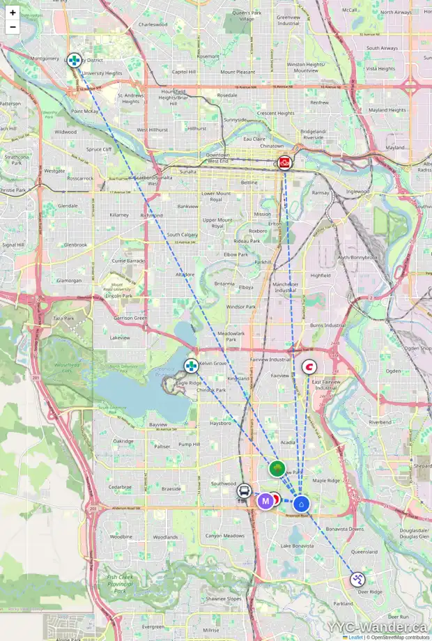 Daily accessibility map for 651 WILDERNESS DR SE, Calgary showing nearby schools, grocery stores, parks, LRT stations and nearby amenities