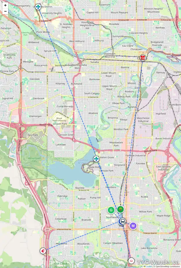 Daily accessibility map for 212 SABRINA BA SW, Calgary showing nearby schools, grocery stores, parks, LRT stations and nearby amenities