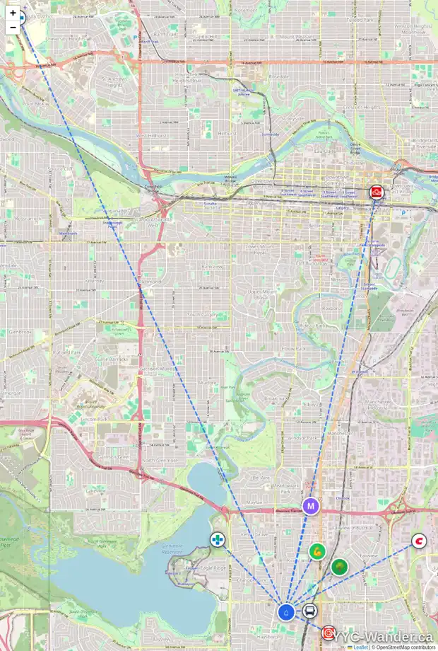 Daily accessibility map for 716 84 AV SW, Calgary showing nearby schools, grocery stores, parks, LRT stations and nearby amenities