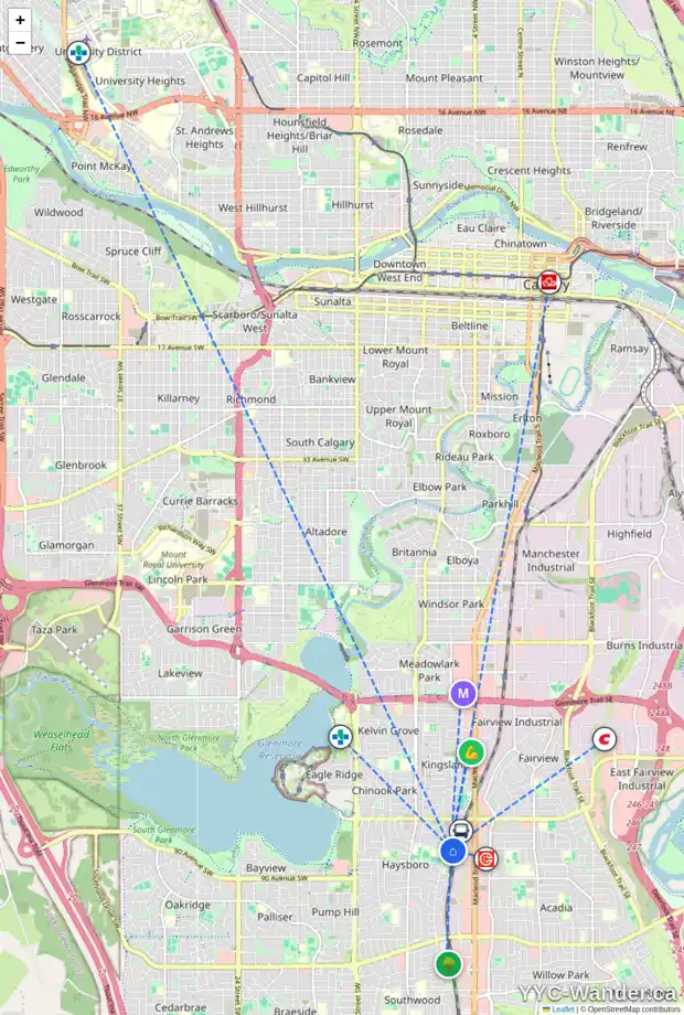 Daily accessibility map for 8 HARVEY PL SW, Calgary showing nearby schools, grocery stores, parks, LRT stations and nearby amenities