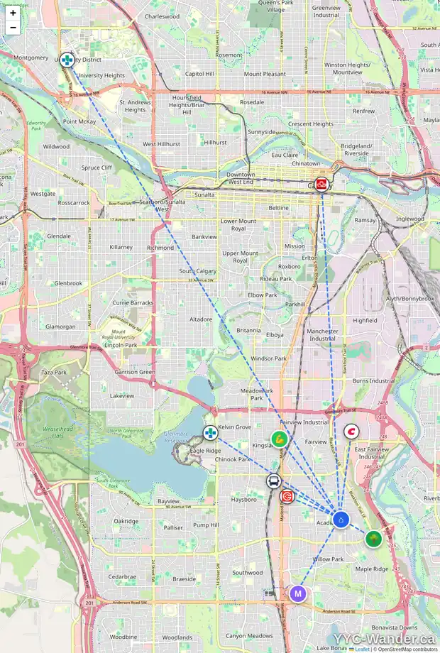 Daily accessibility map for 9403 ABBOTT PL SE, Calgary showing nearby schools, grocery stores, parks, LRT stations and nearby amenities