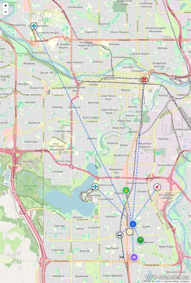 Daily accessibility map for 226 ALLAN CR SE, Calgary showing nearby schools, grocery stores, parks, LRT stations and nearby amenities