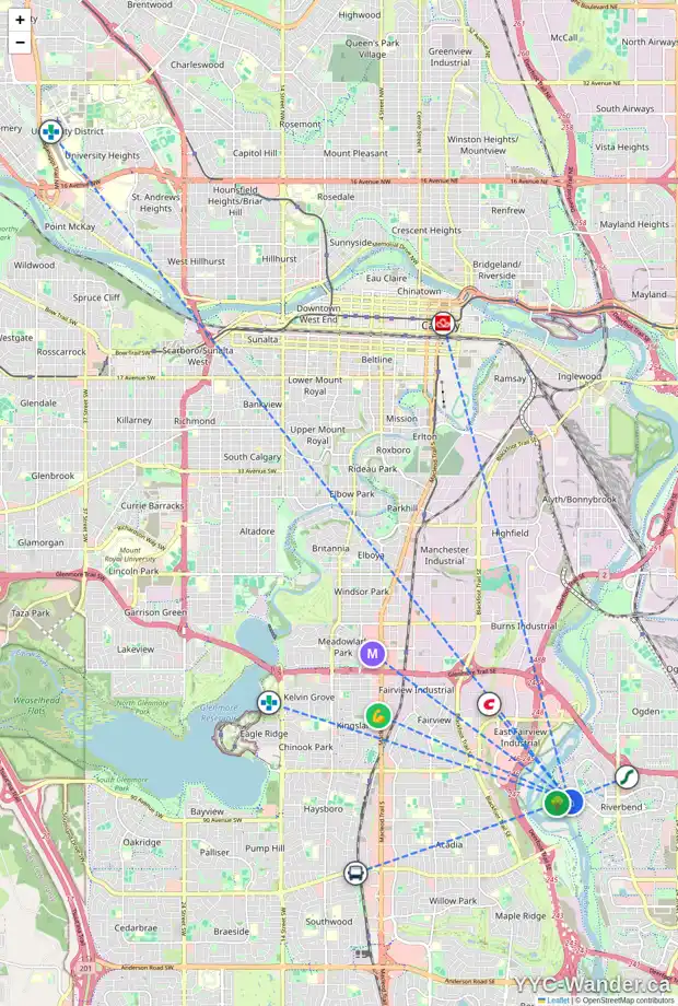 Daily accessibility map for 171 RIVERSIDE CL SE, Calgary showing nearby schools, grocery stores, parks, LRT stations and nearby amenities