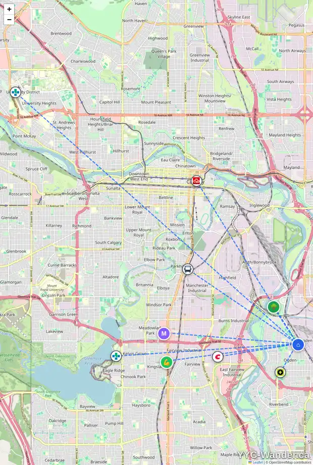 Daily accessibility map for 2244 CRESTWOOD RD SE, Calgary showing nearby schools, grocery stores, parks, LRT stations and nearby amenities
