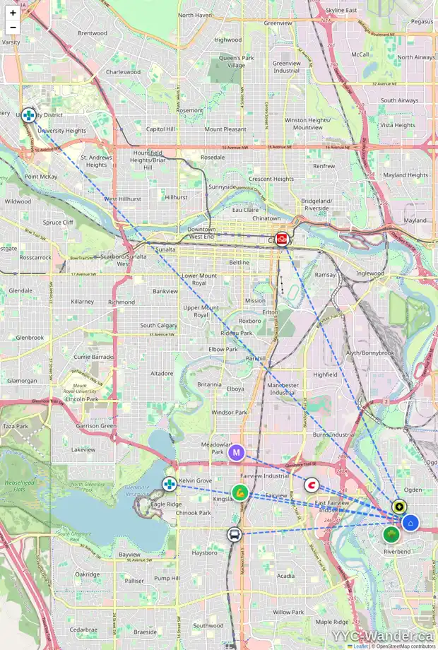 Daily accessibility map for 8007 20A ST SE, Calgary showing nearby schools, grocery stores, parks, LRT stations and nearby amenities