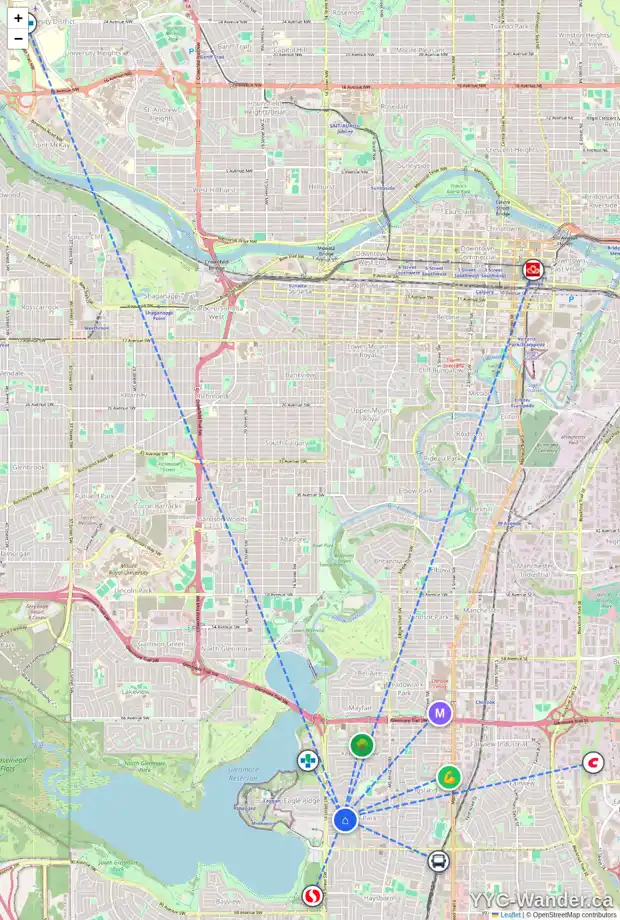 Daily accessibility map for 1312 CARLYLE RD SW, Calgary showing nearby schools, grocery stores, parks, LRT stations and nearby amenities