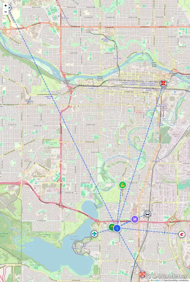 Daily accessibility map for 204 1001 68 AV SW, Calgary showing nearby schools, grocery stores, parks, LRT stations and nearby amenities