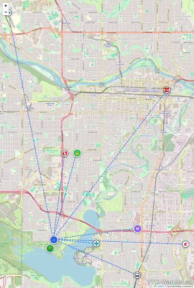 Daily accessibility map for 2718 LINDEN DR SW, Calgary showing nearby schools, grocery stores, parks, LRT stations and nearby amenities