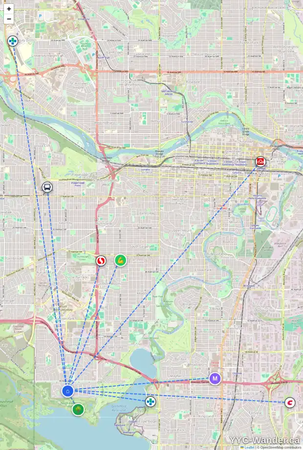 Daily accessibility map for 6819 LOCKE CO SW, Calgary showing nearby schools, grocery stores, parks, LRT stations and nearby amenities