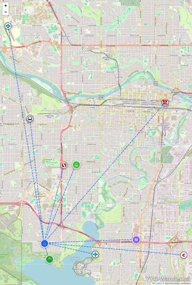 Daily accessibility map for 6760 LEASIDE DR SW, Calgary showing nearby schools, grocery stores, parks, LRT stations and nearby amenities