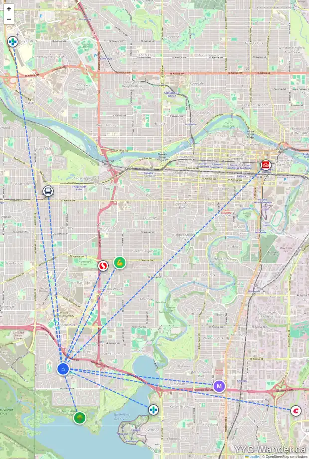 Daily accessibility map for 3453 LANE CR SW, Calgary showing nearby schools, grocery stores, parks, LRT stations and nearby amenities