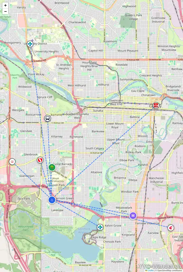 Daily accessibility map for 5724 LADBROOKE DR SW, Calgary showing nearby schools, grocery stores, parks, LRT stations and nearby amenities