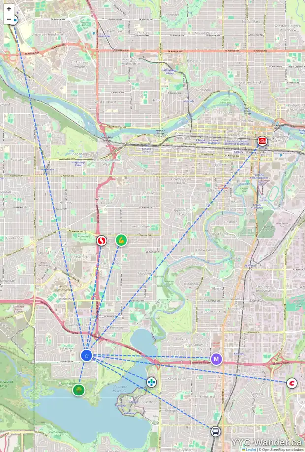 Daily accessibility map for 2704 LAUREL CR SW, Calgary showing nearby schools, grocery stores, parks, LRT stations and nearby amenities