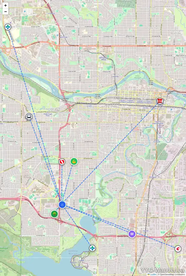 Daily accessibility map for 2431 52 AV SW, Calgary showing nearby schools, grocery stores, parks, LRT stations and nearby amenities