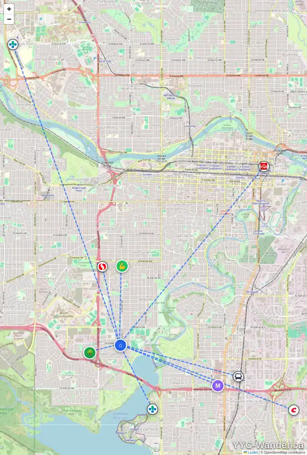 Daily accessibility map for 2115 54 AV SW, Calgary showing nearby schools, grocery stores, parks, LRT stations and nearby amenities