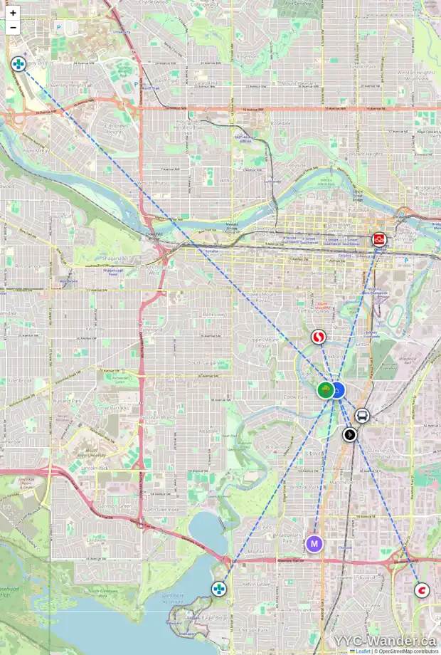Daily accessibility map for 101 3650 2 ST SW, Calgary showing nearby schools, grocery stores, parks, LRT stations and nearby amenities
