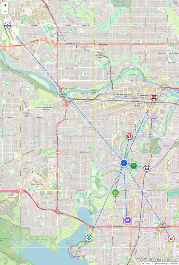 Daily accessibility map for 339 38 AV SW, Calgary showing nearby schools, grocery stores, parks, LRT stations and nearby amenities