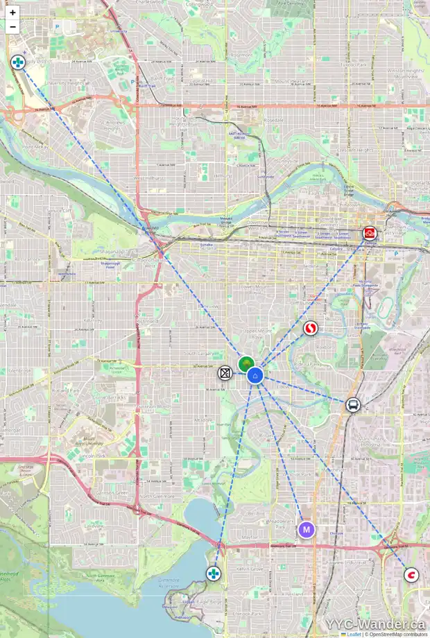 Daily accessibility map for 3618 10 ST SW, Calgary showing nearby schools, grocery stores, parks, LRT stations and nearby amenities