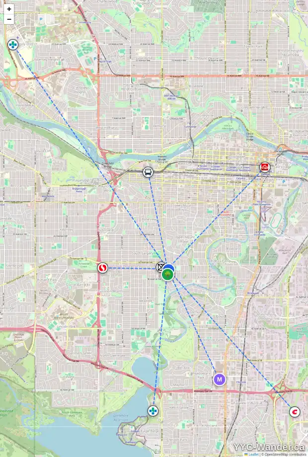 Daily accessibility map for 3621 13 ST SW, Calgary showing nearby schools, grocery stores, parks, LRT stations and nearby amenities
