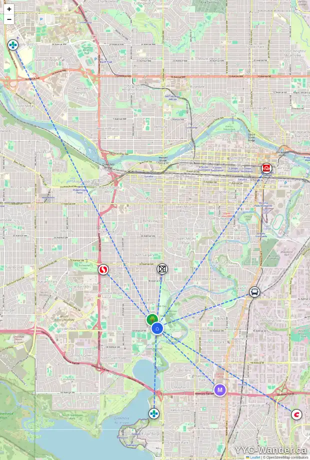 Daily accessibility map for 5012 15 ST SW, Calgary showing nearby schools, grocery stores, parks, LRT stations and nearby amenities