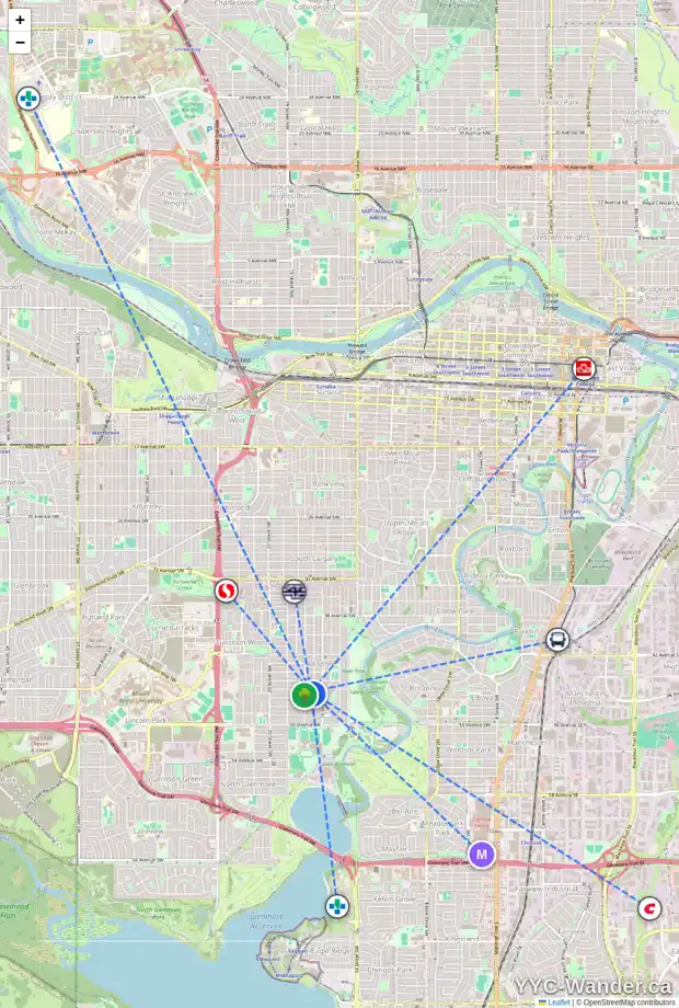 Daily accessibility map for 1731 46 AV SW, Calgary showing nearby schools, grocery stores, parks, LRT stations and nearby amenities