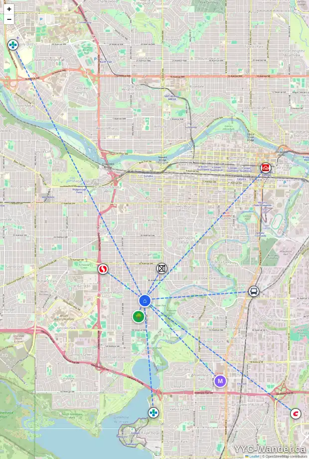 Daily accessibility map for 4310 16A ST SW, Calgary showing nearby schools, grocery stores, parks, LRT stations and nearby amenities
