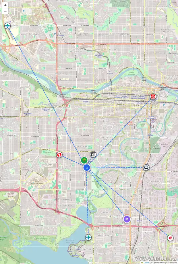 Daily accessibility map for 4107 15A ST SW, Calgary showing nearby schools, grocery stores, parks, LRT stations and nearby amenities