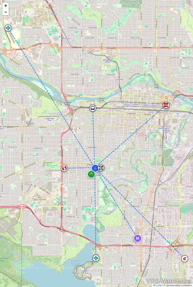 Daily accessibility map for 1617 34 AV SW, Calgary showing nearby schools, grocery stores, parks, LRT stations and nearby amenities