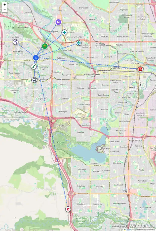 Daily accessibility map for 348 COACH RIDGE RI SW, Calgary showing nearby schools, grocery stores, parks, LRT stations and nearby amenities