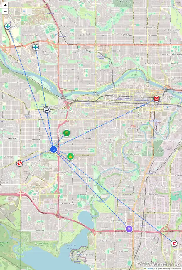 Daily accessibility map for 3207 25 ST SW, Calgary showing nearby schools, grocery stores, parks, LRT stations and nearby amenities
