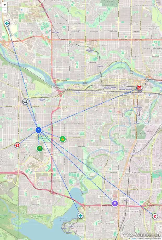 Daily accessibility map for 3026 28 ST SW, Calgary showing nearby schools, grocery stores, parks, LRT stations and nearby amenities