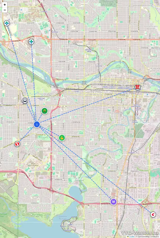 Daily accessibility map for 2809 28 ST SW, Calgary showing nearby schools, grocery stores, parks, LRT stations and nearby amenities