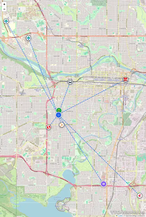 Daily accessibility map for 2040 28 AV SW, Calgary showing nearby schools, grocery stores, parks, LRT stations and nearby amenities