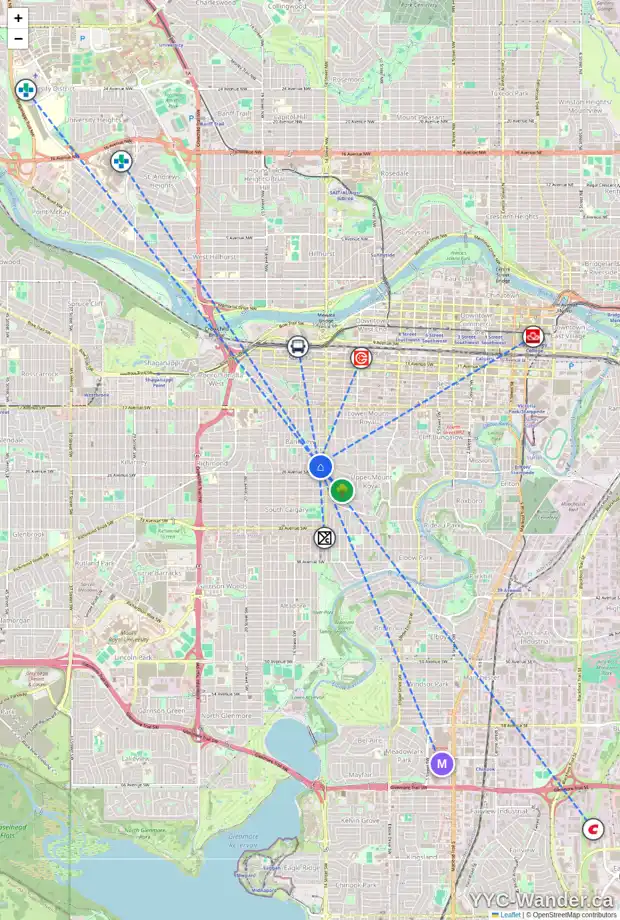 Daily accessibility map for 1501 25 AV SW, Calgary showing nearby schools, grocery stores, parks, LRT stations and nearby amenities