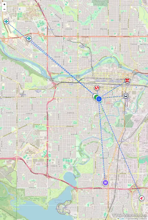 Daily accessibility map for 1712 7 ST SW, Calgary showing nearby schools, grocery stores, parks, LRT stations and nearby amenities
