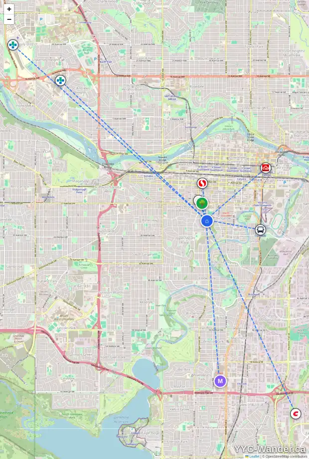 Daily accessibility map for 2102 7 ST SW, Calgary showing nearby schools, grocery stores, parks, LRT stations and nearby amenities