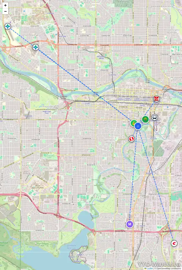 Daily accessibility map for 302 20 AV SW, Calgary showing nearby schools, grocery stores, parks, LRT stations and nearby amenities