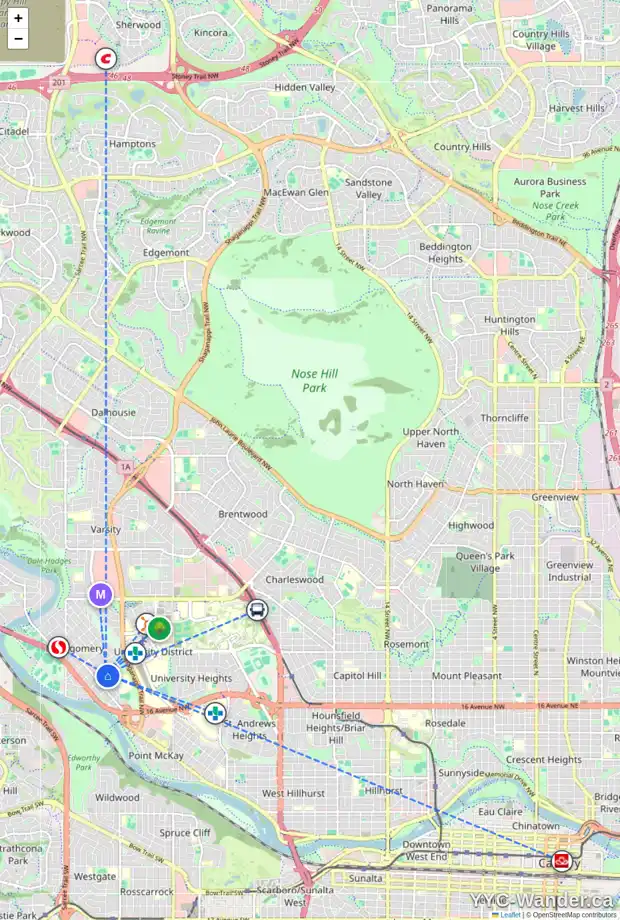 Daily accessibility map for 4503 20 AV NW, Calgary showing nearby schools, grocery stores, parks, LRT stations and nearby amenities