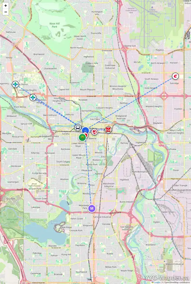 Daily accessibility map for 1704 825 8 AV SW, Calgary showing nearby schools, grocery stores, parks, LRT stations and nearby amenities