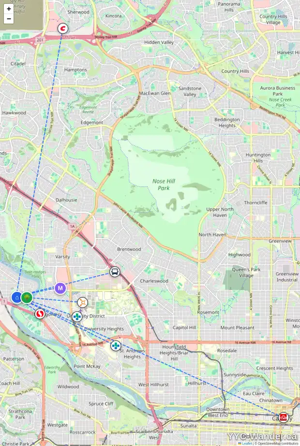 Daily accessibility map for 107 6223 31 AV NW, Calgary showing nearby schools, grocery stores, parks, LRT stations and nearby amenities