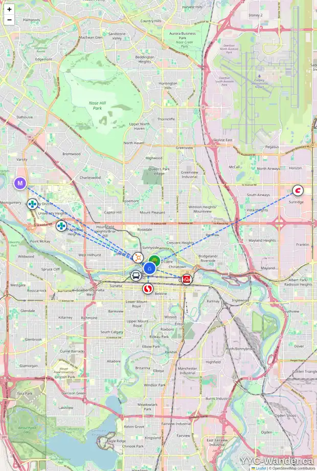 Daily accessibility map for 26 821 3 AV SW, Calgary showing nearby schools, grocery stores, parks, LRT stations and nearby amenities
