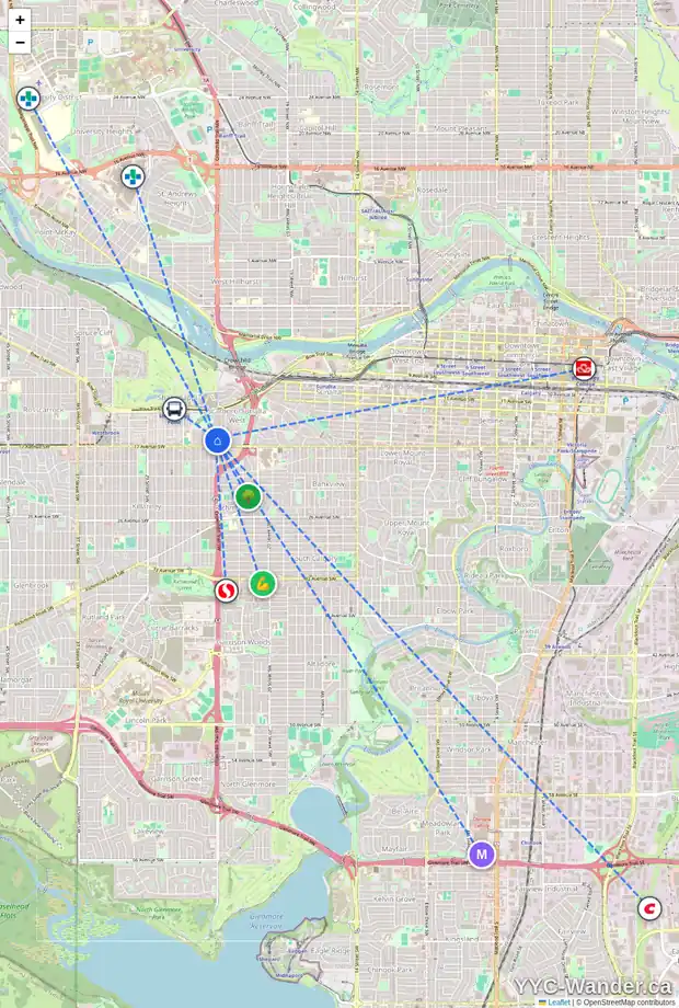 Daily accessibility map for 1727 24 ST SW, Calgary showing nearby schools, grocery stores, parks, LRT stations and nearby amenities