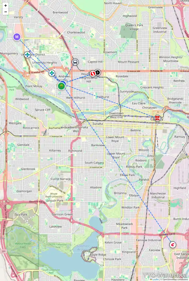 Daily accessibility map for 2639 11 AV NW, Calgary showing nearby schools, grocery stores, parks, LRT stations and nearby amenities
