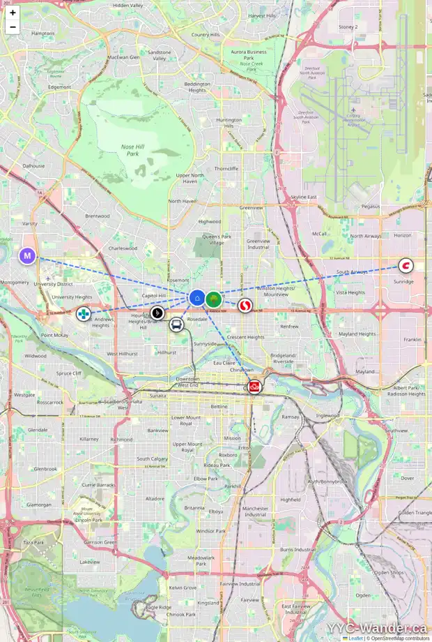 Daily accessibility map for 924 20 AV NW, Calgary showing nearby schools, grocery stores, parks, LRT stations and nearby amenities